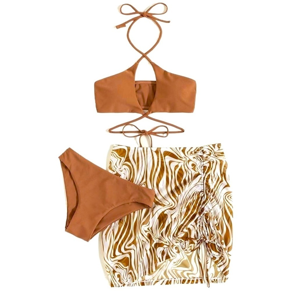 Brown Halter Bikini Set with Fluid Pattern Beach Skirt. Size Small